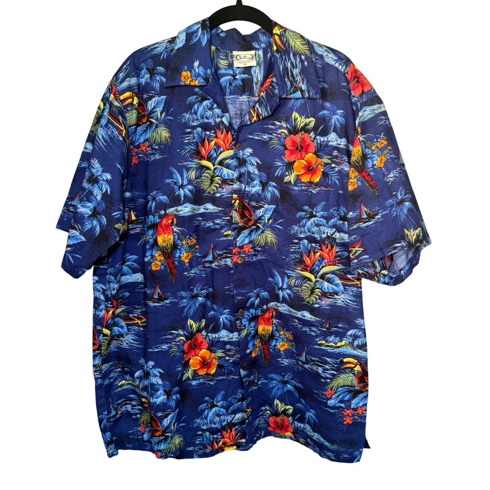 Go Barefoot Hawaiian Shirt Mens XL Blue Parrot Toucan Tropical Cotton Aloha